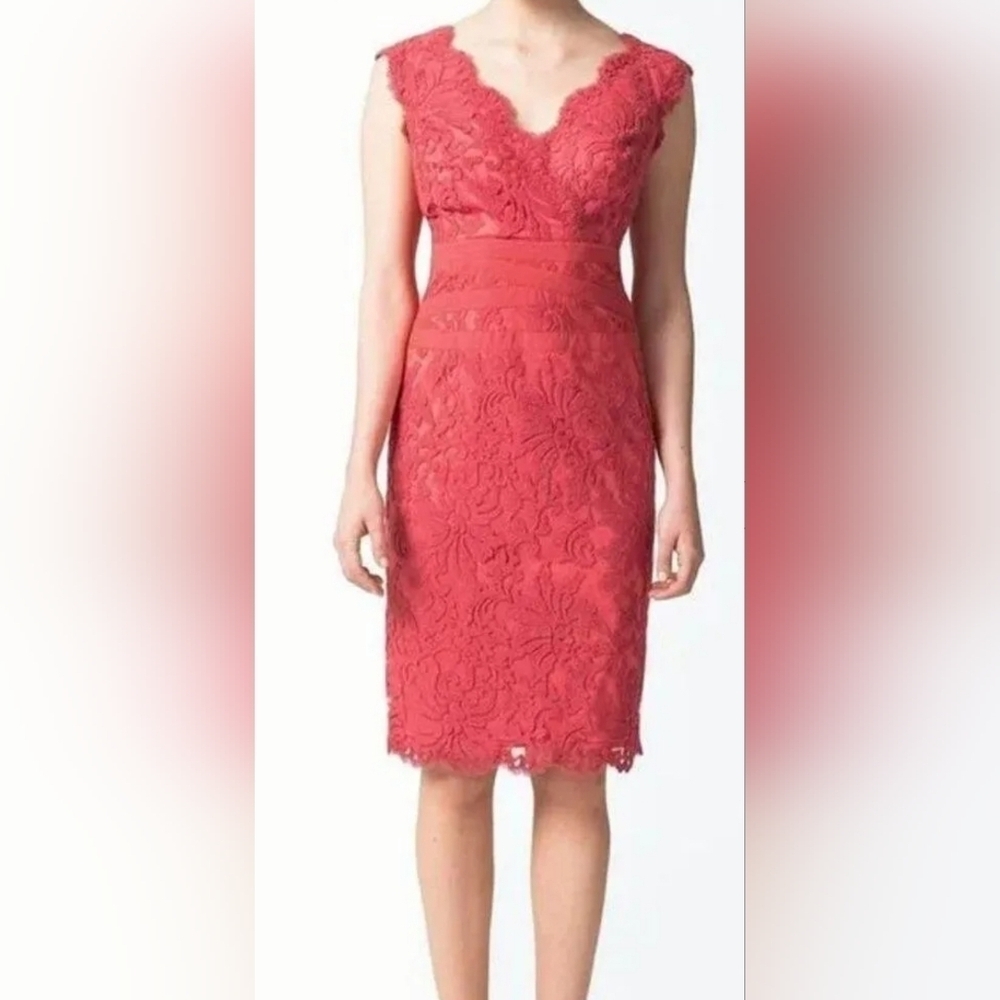 Tadashi Shoji Embroidered Lace Tulle Sheath Dress Coral Sz. 10